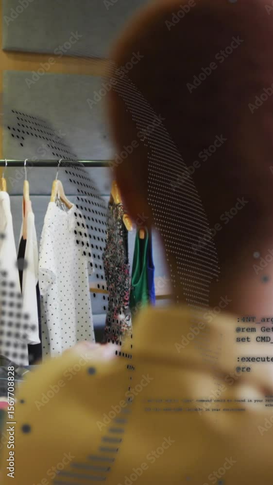 Poster animation of globe and computer language, diverse designers discussing cloth designs