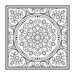 Decorative pattern of flowers and paisley for printing on fabric. Ornament for a bandana, a silk neckerchief, a tablecloth or a kerchief. Square sketch in tribal or oriental style.