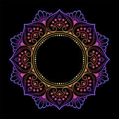 Color circular pattern in form of mandala with flower for decoration or print. Decorative ornament in ethnic oriental style. Rainbow design on black background.