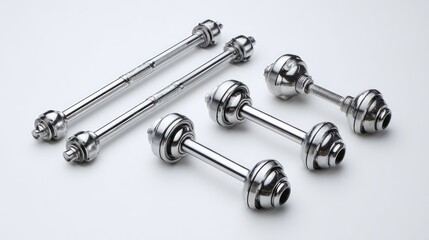 Set of ball bearings and drive shafts arranged on clean white industrial surface