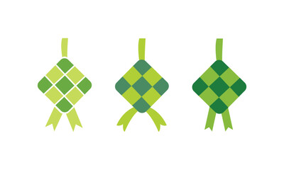 Ketupat icon set. Ketupat asian traditional rice dumpling. Traditional food for Ramadan and eid Al-Fitr. Rice dish wrapped in woven boxes made of green palm leaves.