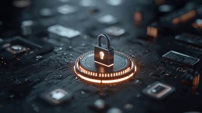 A digital padlock symbolizing cybersecurity protection on a futuristic circuit board. - Powered by Adobe