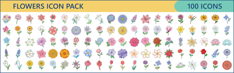 100 Blooming Flowers Icons – Botanical Flat Design Collection