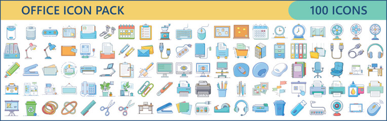 100 Flat Office Icons – Business, Workstation & Stationery Icon Set