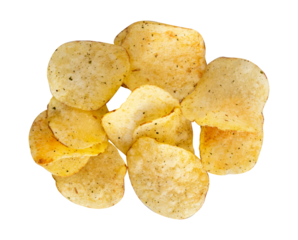 flat lay of potato chips isolated on white