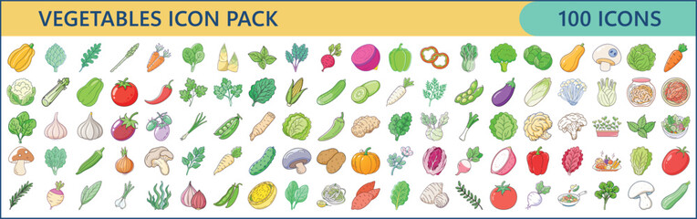 Vegetables Icon Set – 100 Fresh and Organic Flat Vector Illustrations