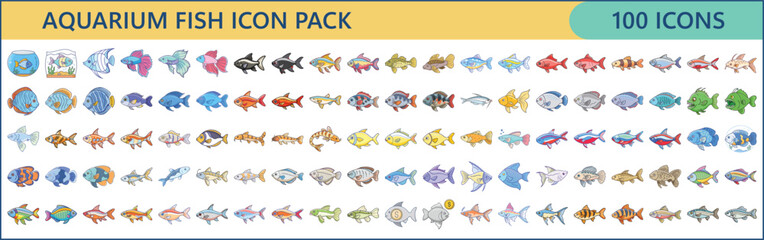 100 Aquarium Fish Vector Icons – Colorful Tropical and Freshwater Species