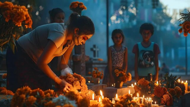People Celebrating Day Of The Dead In Cemetery With Flowers Candles and Skull Makeup