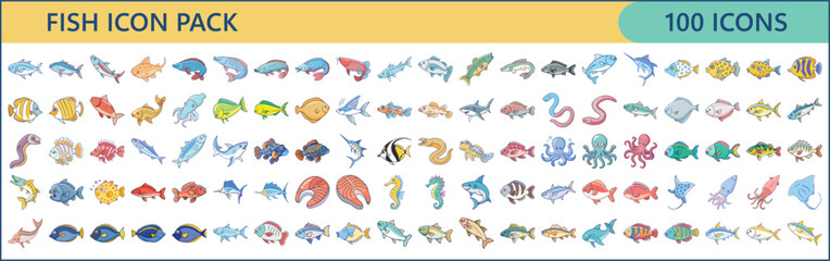 Colorful Fish Icon Pack – 100 Aquatic Vector Illustrations in Flat Style