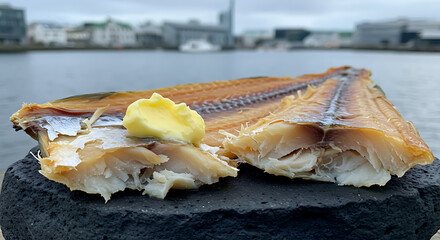 Icelandic Hardfiskur. wind-dried haddock with butter, tearing fibrous flesh 