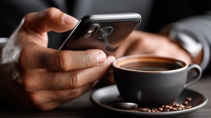 Businessman engaged with cellphone while enjoying coffee in a cozy cafe setting during a morning meeting