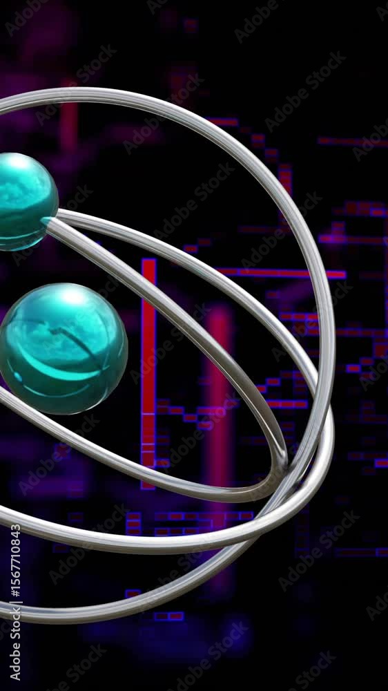 Poster animation of 3d model of atoms and dynamic line pattern over black background