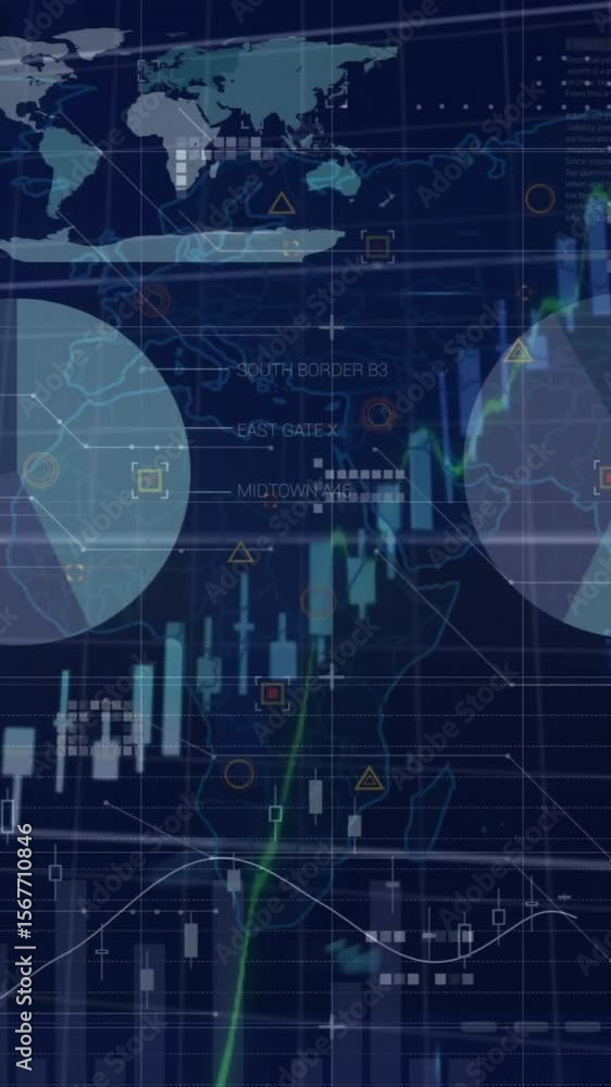 Aufkleber animation of multiple graphs, changing numbers and infographic interface over abstract background
