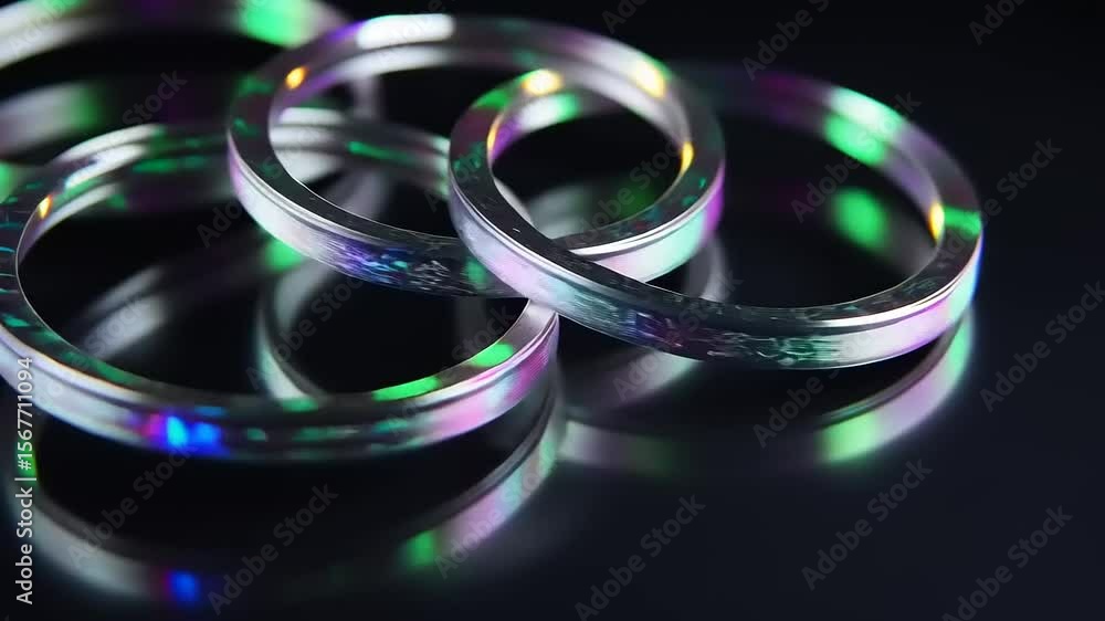 Poster colorful transparent rings reflecting light on a dark surface, creating a vibrant and artistic displ
