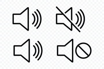 Speaker icon set. Volume icon set. Mute and unmute volume sound flat vector icons. Noise icon, Silent sign, Low volume, Maximum Volume symbol, No volume. Vector illustrator