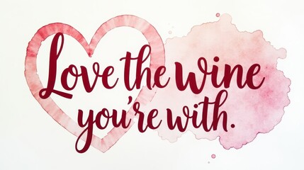 &ldquo;Love the wine you&rsquo;re with.&rdquo; Flowing brush lettering, gradient from ruby to rose, subtle heart‑shaped wine stain circle framing the words, bright white watercolor paper texture, soft edges