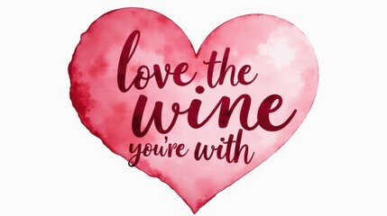 &ldquo;Love the wine you&rsquo;re with.&rdquo; Flowing brush lettering, gradient from ruby to rose, subtle heart‑shaped wine stain circle framing the words, bright white watercolor paper texture, soft edges