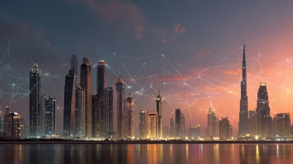 Obraz premium A futuristic city skyline at sunset with tall skyscrapers and digital network lines overlaying the scene.