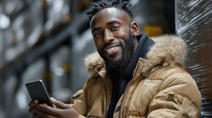 Warehouse worker smiles while showcasing a phone in a bustling storage area during the afternoon shift