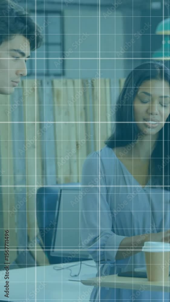 Poster animation of falling graphs and grid pattern over diverse coworkers discussing reports on laptop