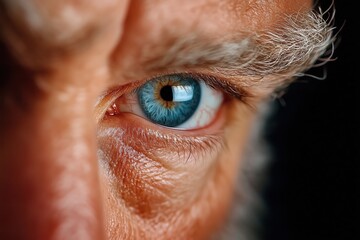 Close-up of an older man's eye showcasing detailed textures and rich colors against a dark background