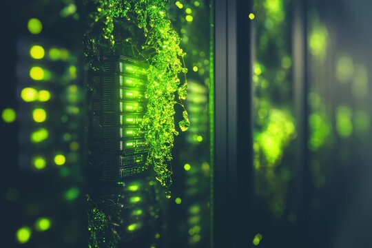 Futuristic Server Room with Green Technology and Data Visualization