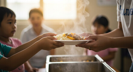 Volunteer Serving Food to Hungry Children