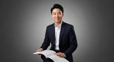 Young asian male adult in formal suit holding sheet music on gray background