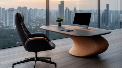 Luxury penthouse home office with panoramic city views and modern design features