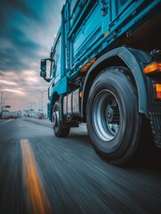 A close-up of a large truck's wheels on a wet highway at night, with lights reflecting off the road. The scene captures the motion and intensity of nighttime driving.
