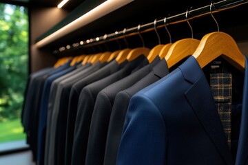 Luxury minimalist walk-in closet showcasing tailored suits and prestigious accessories in a sophisticated setting