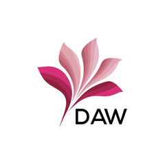 Obraz premium DAW Abstract Pink Flower Petals Logo with Typography , DAW Later Logo, Elegant Gradient Botanical Emblem with Text DAW , Creative Nature-Inspired Logo Concept Isolated on White. 