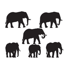 Five Black Silhouettes of Elephants of Varying Sizes Walking on a White Background Simple African Animal Vector Illustration Set