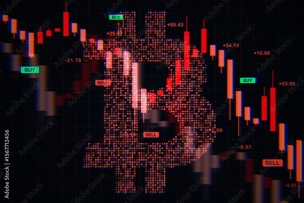 Poster bitcoin crash concept with red candlestick chart and pixelated btc symbol on dark background showing
