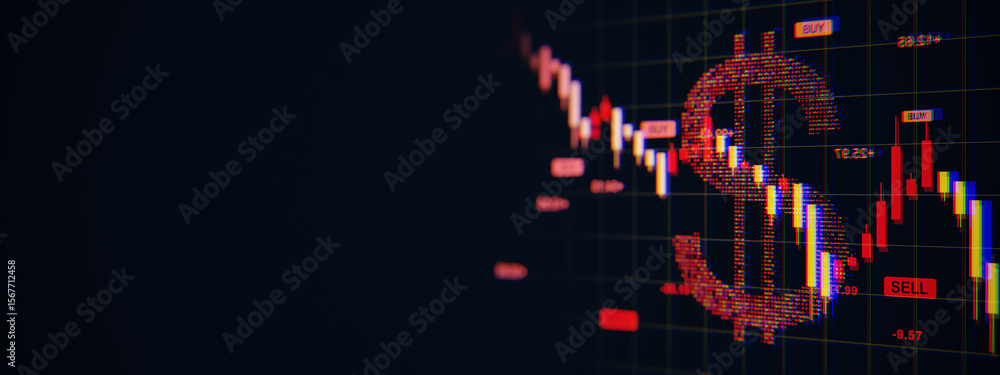 Poster digital dollar sign with red descending stock chart symbolizing financial crisis and global market c