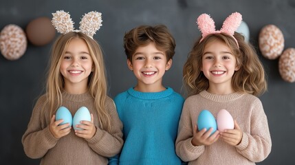 Children celebrate Easter joyfully with colorful eggs and fun decorations for a festive atmosphere