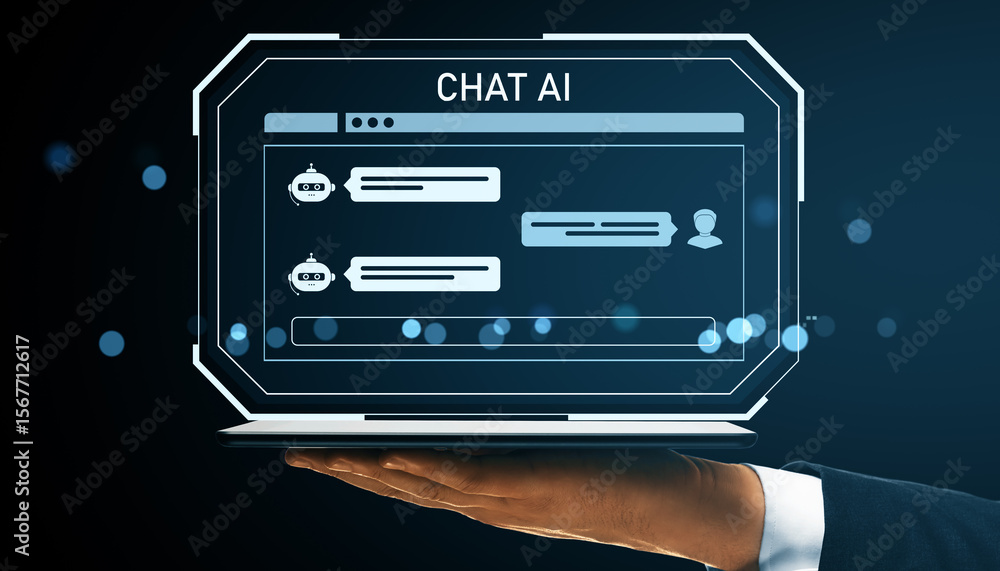 Poster chat ai interface with chatbot and user conversation icons displayed on a digital screen held by a h