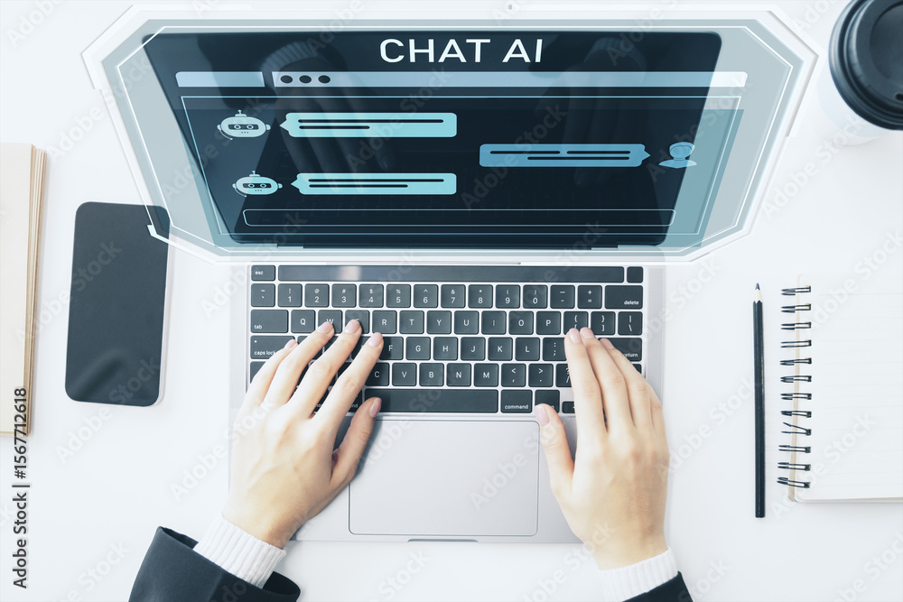 Poster businessperson using chatbot ai interface on laptop with futuristic digital elements above keyboard 