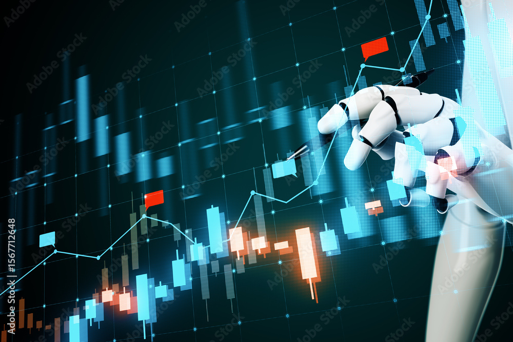 Poster robotic hand analyzing digital financial chart with futuristic interface on dark background, symboli