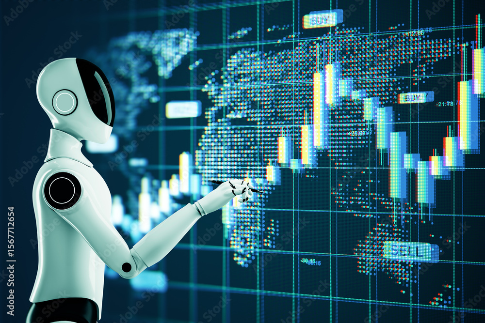 Poster futuristic robot analyzing financial trading data on virtual screen with global market trends and cu