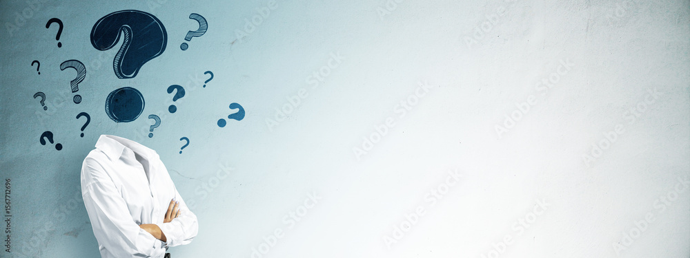 Poster woman with no visible head surrounded by sketch question marks on blue background symbolizing confus