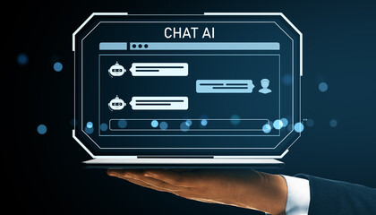 Chat AI interface with chatbot and user conversation icons displayed on a digital screen held by a...
