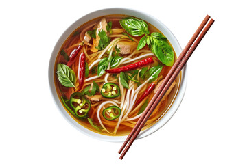 Traditional Vietnamese Pho soup with beef, rice noodles, fresh herbs, chili, and lime in bowl isolated on white transparent background, concept of Asian cuisine