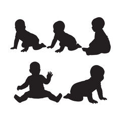 Five Black Silhouettes of Infants in Various Poses Crawling Sitting and Playing Baby Development Stages Child Growth Milestone Vector Illustration