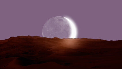 Beautiful sand dunes in the Sahara desert with super crescent moon - Sahara, Morocco 
