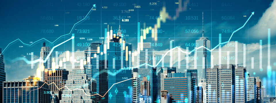 Real estate investment and market growth concept with city skyline and financial analytics overlay on upward trend chart background.