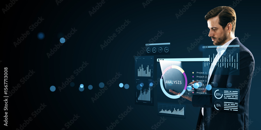 Aufkleber businessman interacting with futuristic holographic analysis dashboard displaying data charts and fi