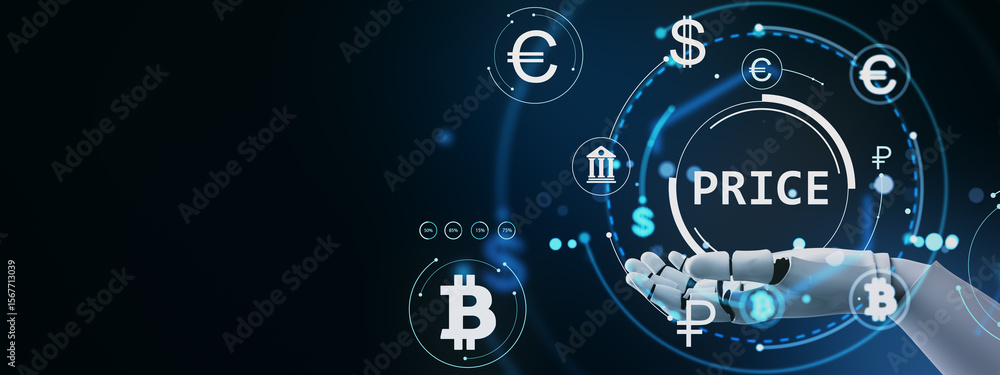 Poster futuristic robotic hand displaying financial currency symbols and digital price interface on dark vi