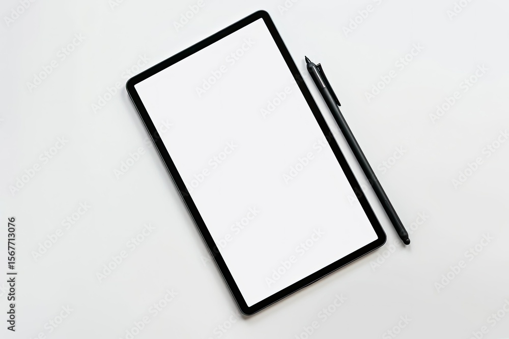 Poster digital tablet with blank screen and stylus pen on white background top view flat lay copy space