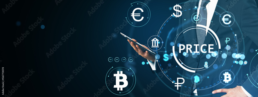Aufkleber Businessman using digital tablet with currency symbols and price interface on dark background representing digital finance concept.